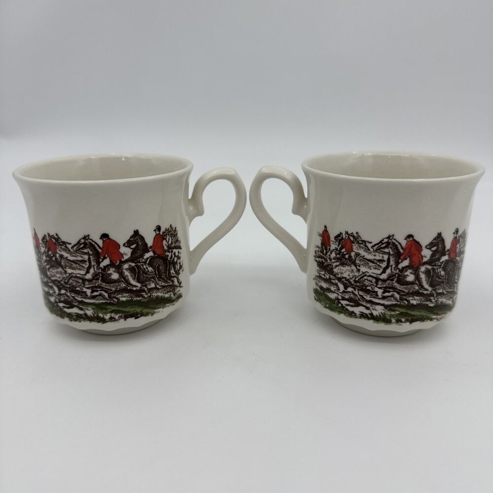 2 VTG Churchill Country Life Cup Mug White/Brown Hunting Horses Made In England